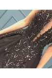 Sexy Ball Gown High Neck Black Tulle V Neck Sequins Party Dresses Prom STIPQC2HNL1