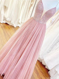 A Line Spaghetti Straps V Neck Rose Pink Tulle Prom Dresses Beaded Bodice Formal Dress STI15033