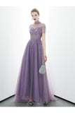 A-Line Tulle Long High Neck Prom Dresses With Ruffles Formal P54APS9X