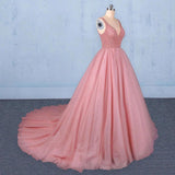 Ball Gown V Neck Tulle Prom Dress with Beads, Puffy Pink Sleeveless Quinceanera Dresses STI15074