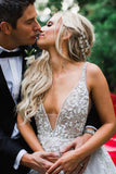 Elegant A Line Illusion Beads V Neck Tulle Long Backless Wedding Dresses, Prom Dresses STI15510