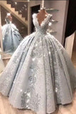 Ball Gown V Neck Floor Length Prom Dresses with Appliques, Quinceanera Dress STI15565