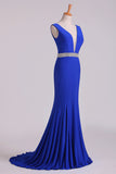 2024 Open Back Column Prom Dresses V Neck Dark Royal Blue Beaded Waistline Sweep P65N6EEB