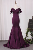 2024 Mermaid Off The Shoulder Satin Evening Dresses Sweep Train PR2ZKSCZ