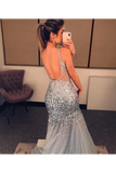 Silver Sequins Luxurious See Through Party Dress Backless Mermaid Long Prom STIP9RZ2GRG