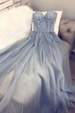 A Line Blue Strapless Sweetheart Tulle Appliques Prom Dresses, Charming Prom Gowns STI14993