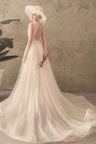 Ivory Jewel Sleeveless Tulle Wedding Dress With Lace A Line Pleats Open Back Bridal STIPXNMNP57