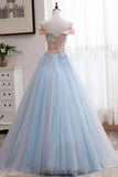 Off Shoulder Floor Length Tulle Prom Gown With Appliques Puffy Long PN4XG82J