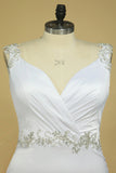 2024 Plus Size Wedding Dresses A Line V Neck Open Back With Beading Stretch PM7HK7BM