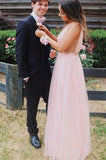 Charming A Line V Neck Open Back Tulle Pink Prom Dresses with Beading, Prom STI20396