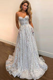 A Line Sweetheart Strapless Sweep Train Lace Pockets Wedding Dress with Sequins STI15036