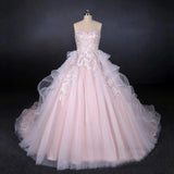 Ball Gown Strapless Sweetheart Wedding Dresses with Lace Applique, Tulle Prom Dresses STI15070