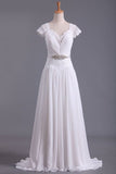 2024 Wedding Dresses V Neck Chiffon & Lace Short Sleeves PPX16114