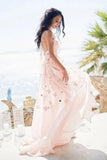 Boho Halter Backless Light Pink Chiffon Beach Wedding Dresses with Appliques Ruffles STI15082