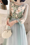 Elegant Long Sleeves Appliqued Tulle Prom Dress Floor Length Appliques PXQ2AJGL