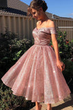 Elegant Off the Shoulder Pink Sequins Sweetheart Short Prom Dresses, Bridesmaid Dresses STI15189