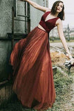 Two Piece A-Line V-Neck Bridesmaid Dresses Burgundy Tulle Formal PCM1KKFH