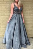 Floor Length Deep V Neck Beaded Prom Dresses P2JC1F58