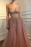 Sexy A-Line Spaghetti Straps Rhinestone Tulle Sweetheart Evening Dresses Pink Formal Dresses STI15329