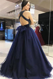 Ball Gown Long Navy Blue Beading Tulle Princess Prom Dresses PBR1FY8Q