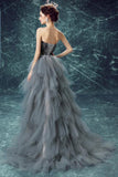 Elegant High Low Strapless Sweetheart Feathers Tulle Gray Prom Dresses with Lace STI15643