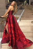 Unique A Line Strapless Burgundy Satin Prom Dresses with Appliques, Formal Dresses STI15454