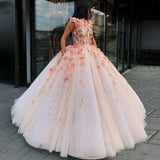 Princess Ball Gown Pink Tulle Prom Dresses with Handmade Flowers, Quinceanera STI15658