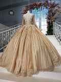 Long Sleeve Ball Gown Beads Lace Appliques Prom Dresses Sequins Quinceanera Dresses STI15241