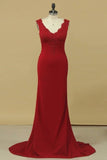 2024 V Neck Prom Dresses Sheath With Applique Court PTSL7NPS