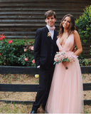 Charming A Line V Neck Open Back Tulle Pink Prom Dresses with Beading, Prom STI20396