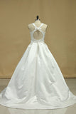 2024 Open Back Scoop A Line Wedding Dresses Satin PDBAJZ62