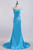 2024 Mermaid Strapless Elastic Satin With Beadings Prom Dresses Sweep/Brush PA48J1PT