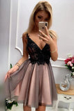 Cute V Neck Short Black Lace Spaghetti Straps Prom Dresses Backless Homecoming STI11817