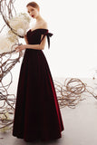 Charming A Line Long Off the Shoulder Burgundy V Neck Prom Dresses with Sweetheart STI15089