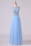 2024 Scoop A Line Prom Dress Beaded Floor Length Pick Up Tulle Skirt PDHR35CB