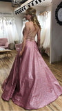 Spaghetti Straps A-line Scoop Sparkle Long Pink Prom Dresses with Pockets