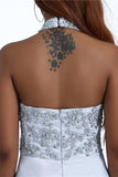 Charming Mermaid Halter Silver Sequins Prom Dresses with Appliques, Party STI15629