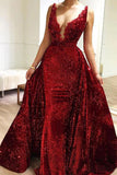 Burgundy Sequins Long V Neck Prom Dresses Lace PD43CMCS