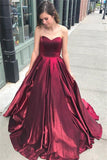 Unique A Line Burgundy Sweetheart Strapless Satin Prom Dresses, Simple Party Dress STI15602