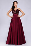 Deep V Neck Long Sleeveless Spaghetti Straps Burgundy Satin Evening Prom Dresses STI15140