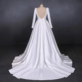 Ball Gown Long Sleeve White Satin Wedding Dresses, Long Simple Wedding Gowns STI15060