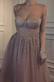 Sexy A-Line Spaghetti Straps Rhinestone Tulle Sweetheart Evening Dresses Pink Formal Dresses STI15329