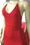 Sexy V Neck Red Glitter Sequins Prom Dresses Mermaid Halter Backless P69QJ4BX