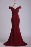 2024 Off The Shoulder Prom Dresses Spandex Burgundy/Maroon Sweep Train PFPCXX68