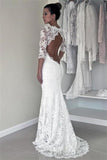 Sheath Long Mermaid Open Back Ivory Wedding Dresses PQAJC7P4