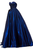 A Line Royal Blue Satin Sweetheart Strapless Prom Dresses with Pockets, Evening Dress STI15553