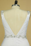 2024 Plus Size Wedding Dresses A Line V Neck Open Back With Beading Stretch PM7HK7BM