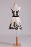 2024 Straps A Line Chiffon Prom Dress Short With Black Applique & P5233X9G