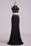 2024 Black Halter Two-Piece Beaded Bodice Mermaid Open Back Prom Dresses Spandex & Tulle Floor P4ZELFEL