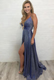 Unique High Slit Deep V Neck Sparkly Halter Prom Dresses Spaghetti Straps Formal Dresses STI15458